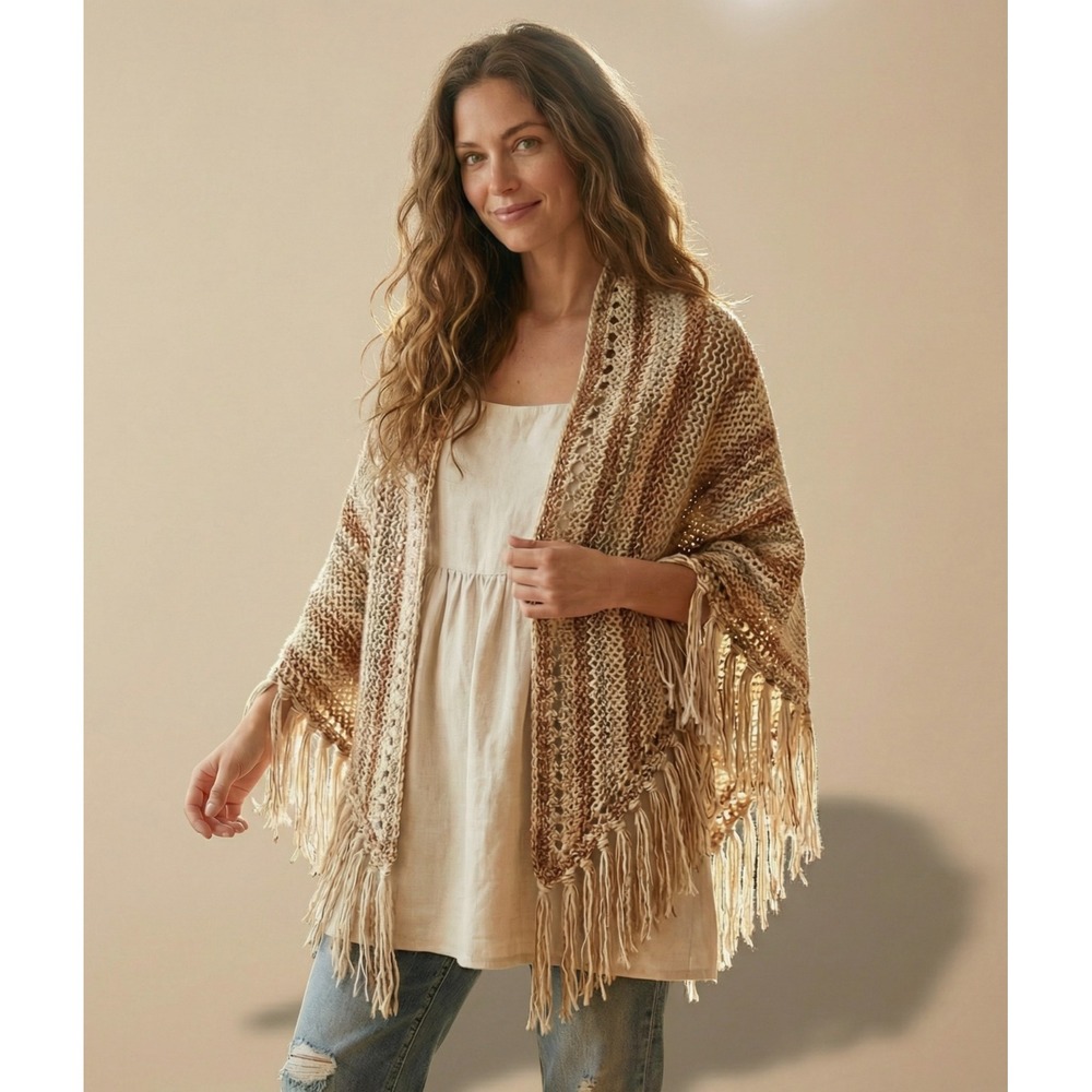 NEW Cream Brown Hand Knitted Shawl Wrap Scarf Boho Hippie Fringe‎ Artsy Cottage
